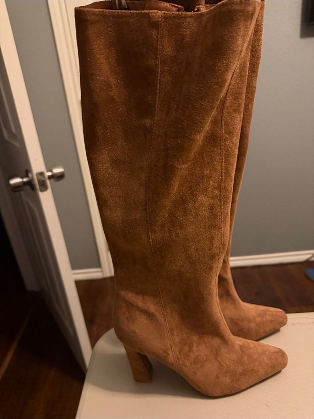 TOP Moda Tall Faux Suede Knee Boots in Cognac Brown - Picture 7 of 11